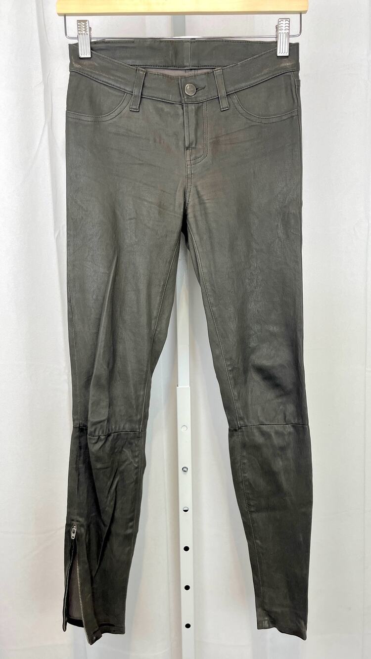 J BRAND Lamb Leather Zip Ankle Skinny Pants Zip Fly Low Rise Green Size 24